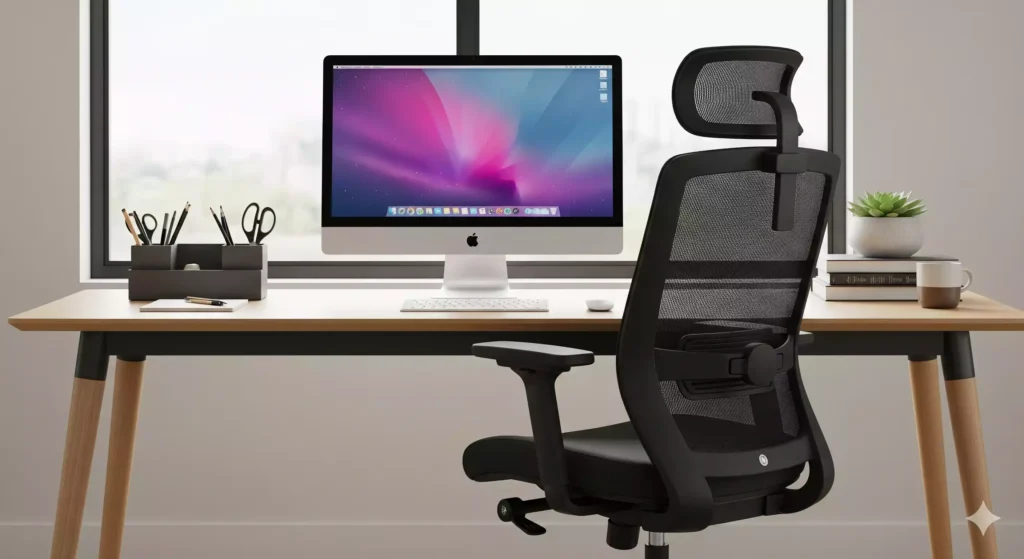 mesa iluminada com notebook e objetos de escritório organizados