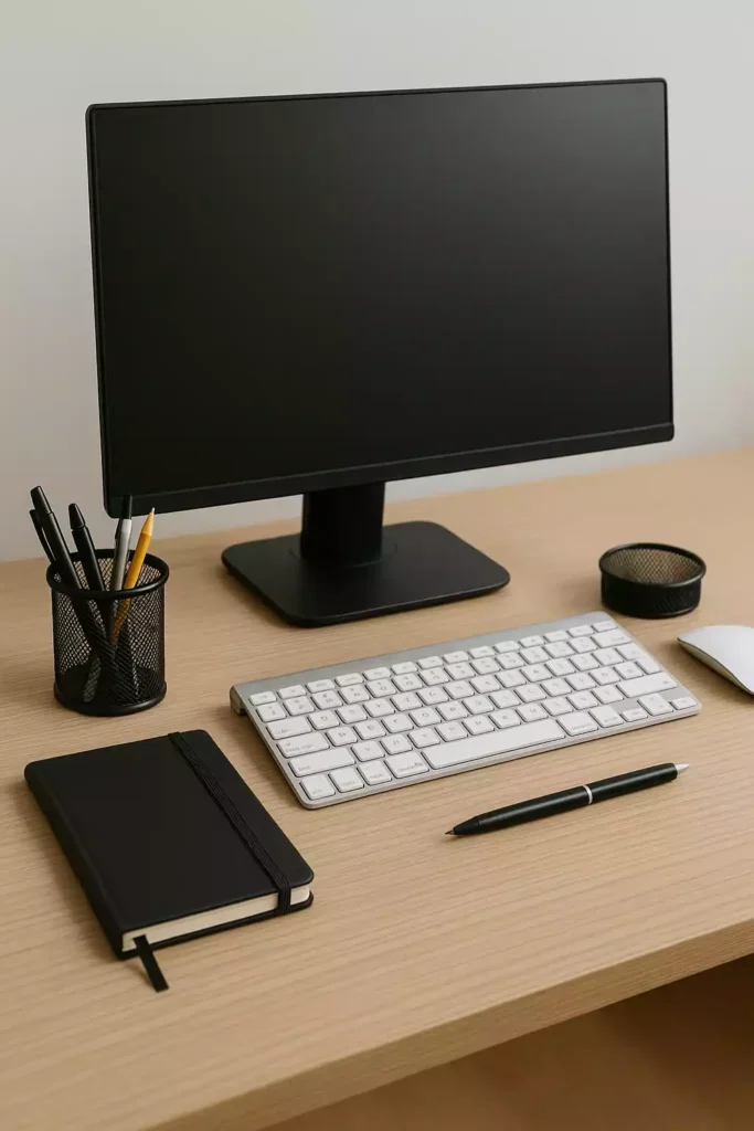 mesa minimalista com monitor e objetos de escritório organizados