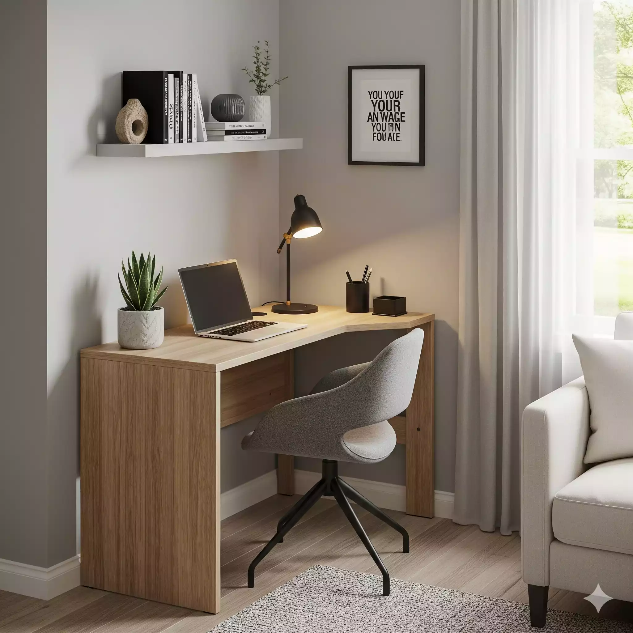 exemplo de mini escritório na sala com mesa compacta e cadeira ergonômica