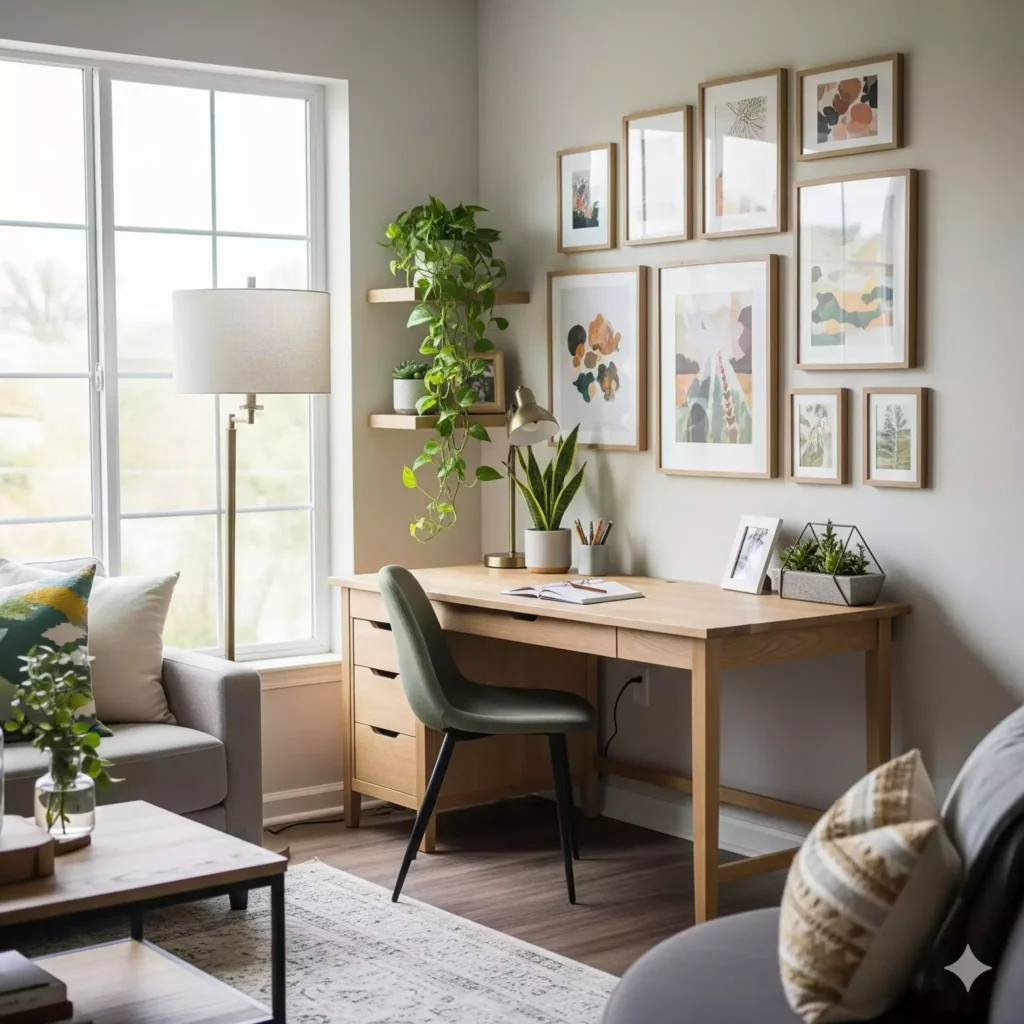 mini escritório na sala iluminado com plantas e quadros decorativos