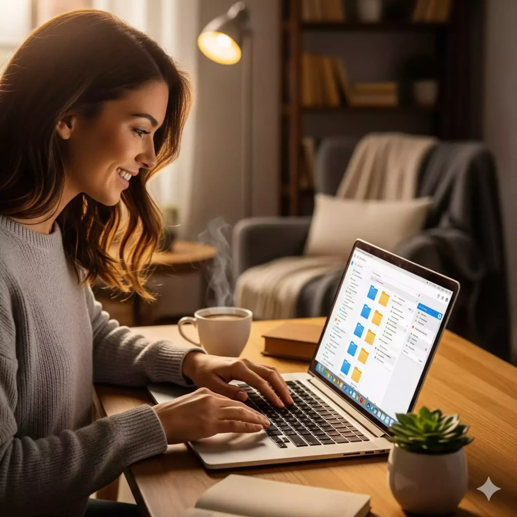 Mulher aplicando a organização digital na prática em seu computador.