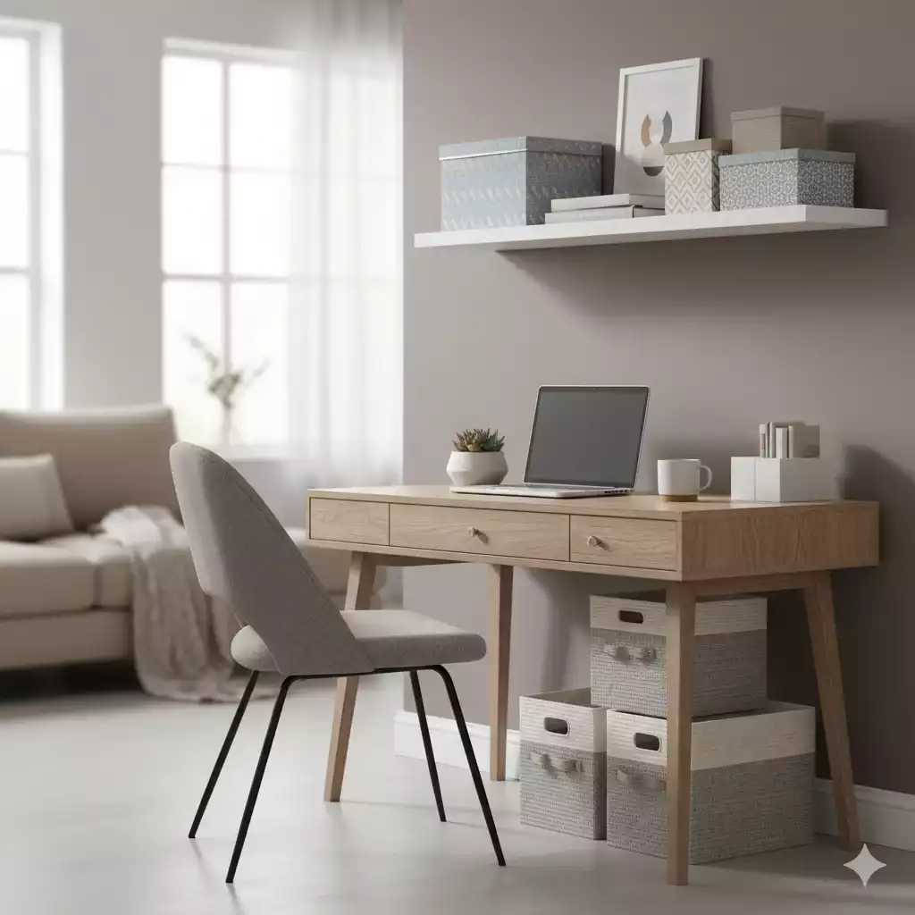 caixas decorativas organizando materiais em mini escritório na sala