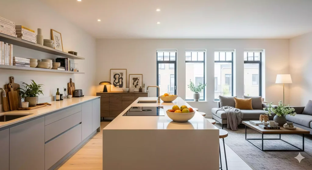 sala e cozinha integradas mostrando resultado prático da organização na casa