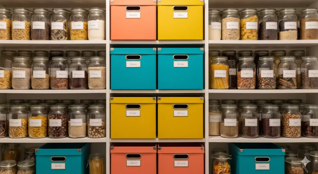 potes e caixas etiquetados para manter a organização na casa