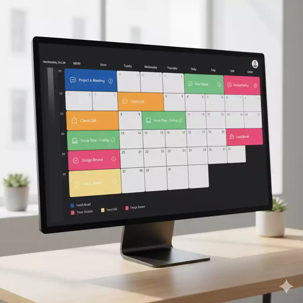 Exemplo de calendário colorido aplicando técnica de time blocking