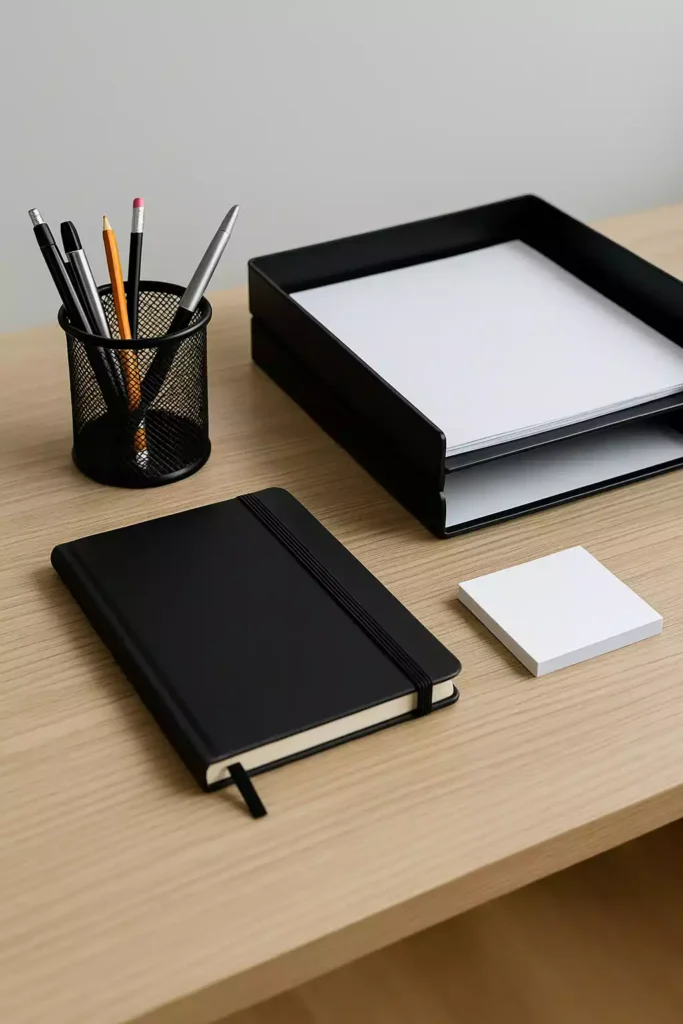 conjunto de papelaria com objetos de escritório em mesa organizada