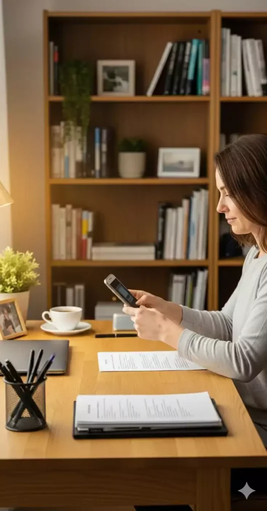 Mulher digitalizando documentos para manter a rotina de organização em dia.