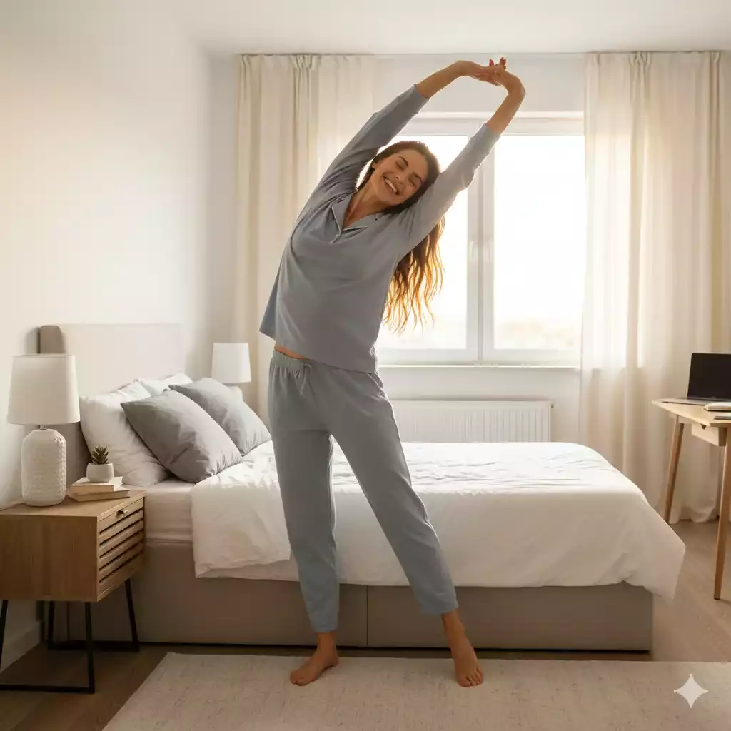 Mulher acordando com energia positiva em ambiente organizado – rotinas das manhãs.