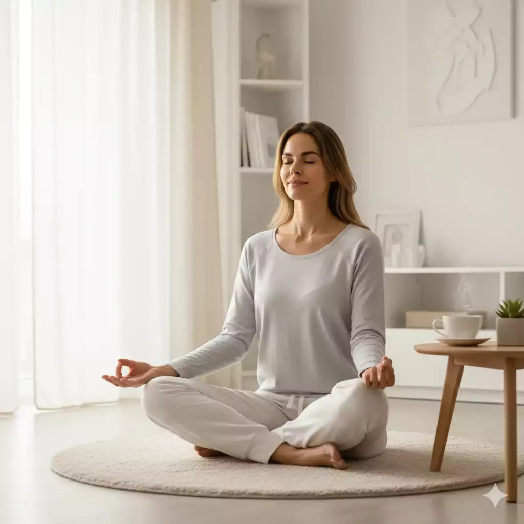 Mulher praticando meditação logo pela manhã, parte da rotina das manhãs.