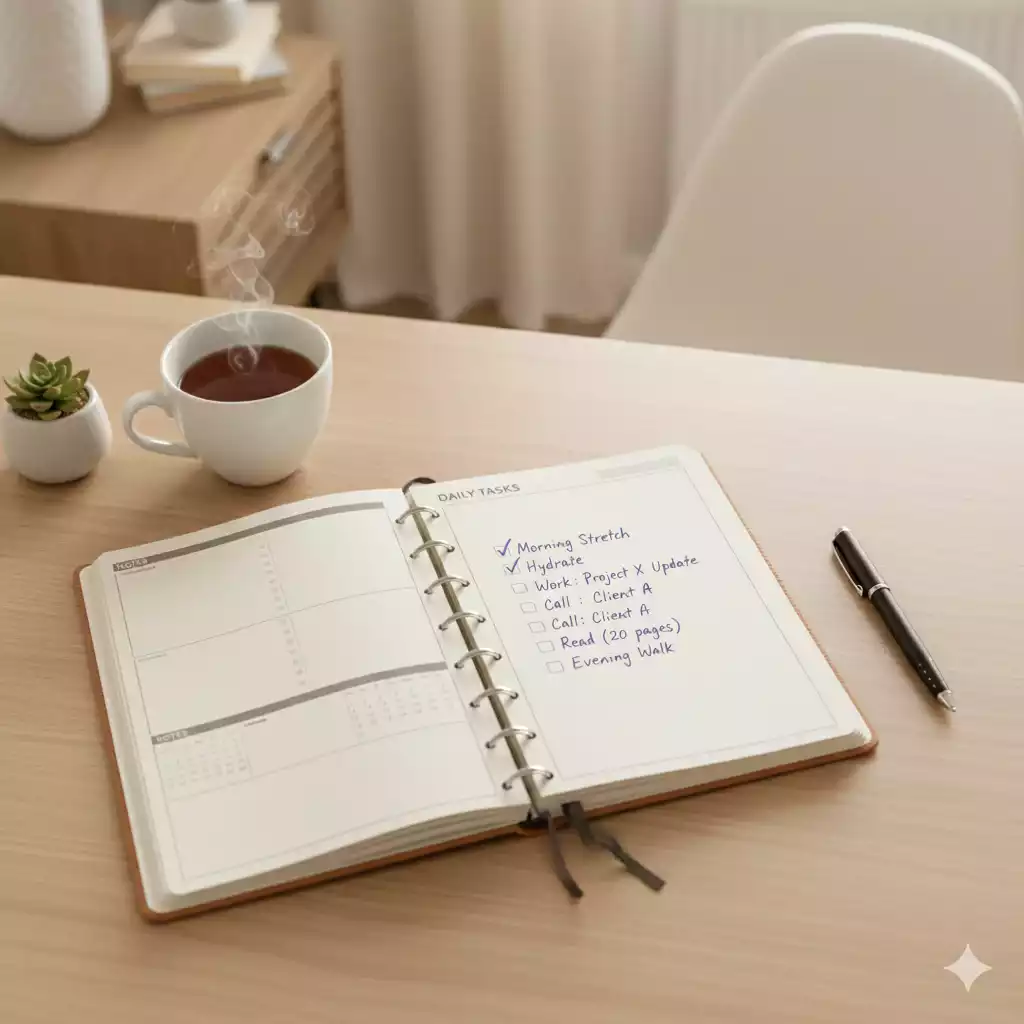 Planejamento diário em um planner – rotinas das manhãs organizadas e focadas.