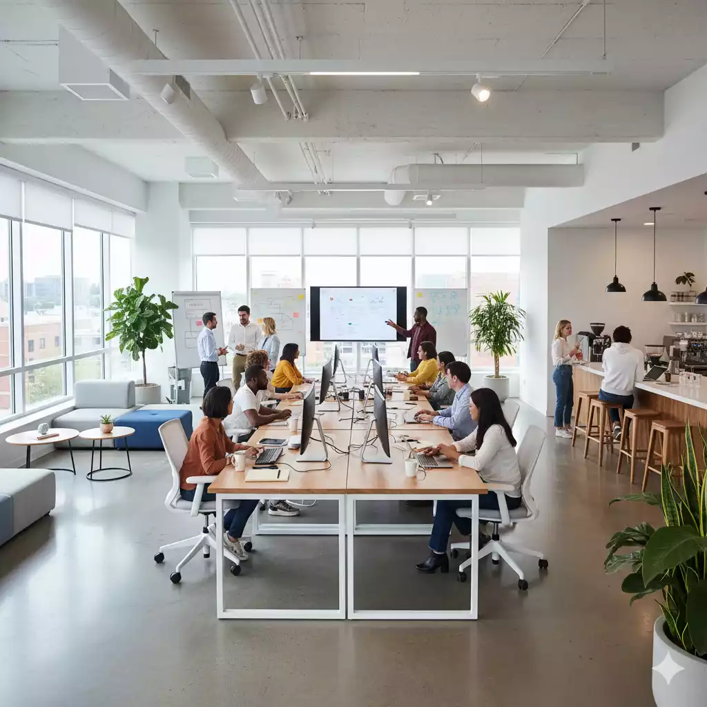 tipos de escritório: modelo aberto (open space) para colaboração