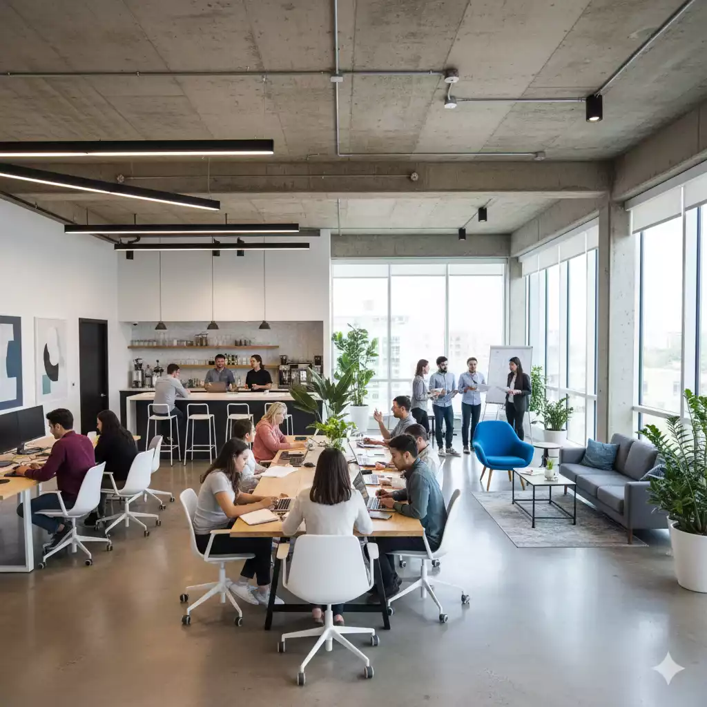 tipos de escritório: coworking moderno com profissionais de áreas diversas