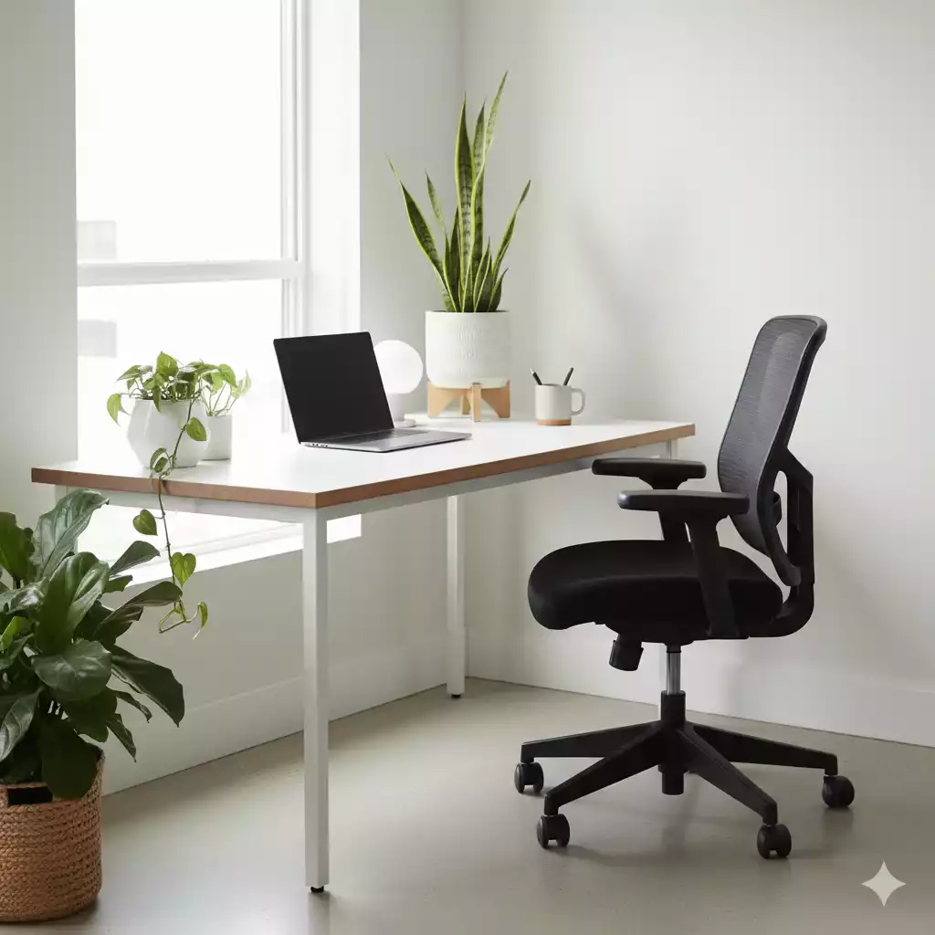 tipos de escritório: home office minimalista com ergonomia e luz natural