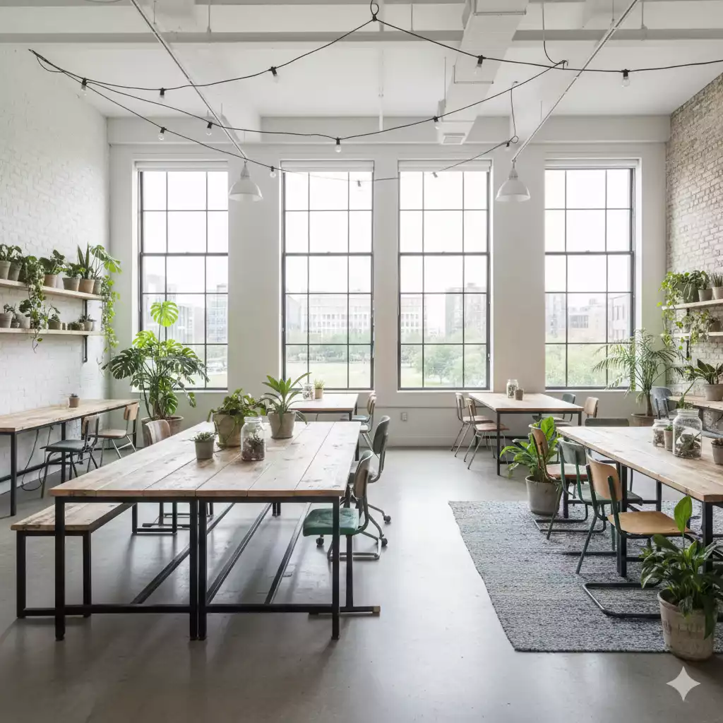 tipos de escritório: modelo sustentável com plantas e iluminação natural