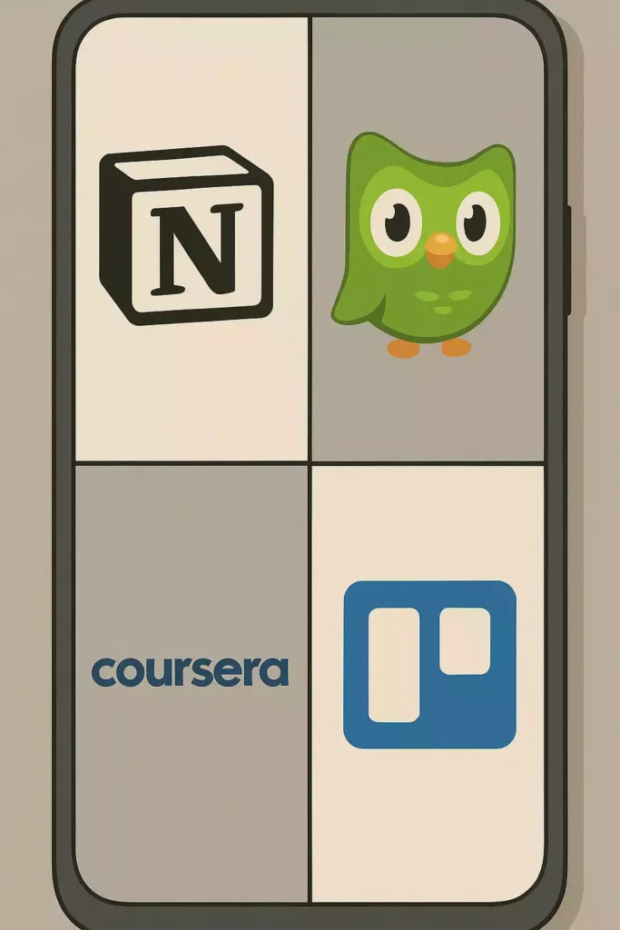 apps úteis para aprender algo novo: Notion, Duolingo, Coursera, Trello