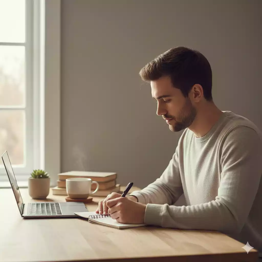Jovem estudando em um ambiente organizado, representando início da jornada de aprendizado.