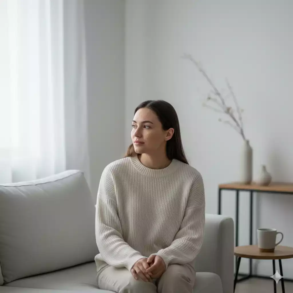 Mulher refletindo sozinha com expressão serena, representando o que é autoconhecimento