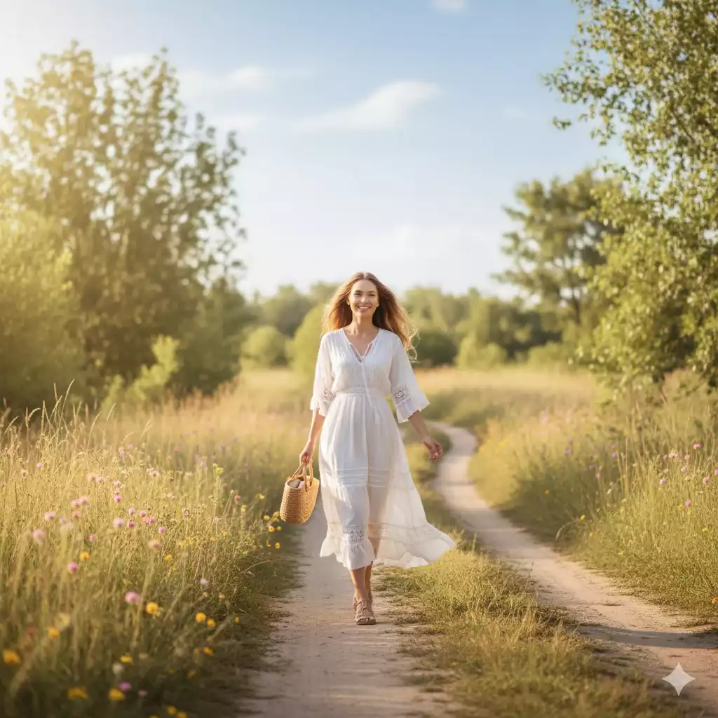 Mulher caminhando com confiança em direção ao seu caminho certo