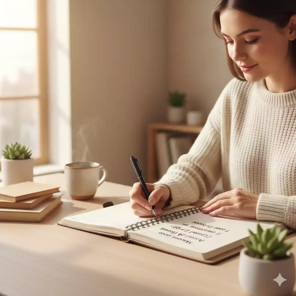 Pessoa organizando metas diárias em um planner