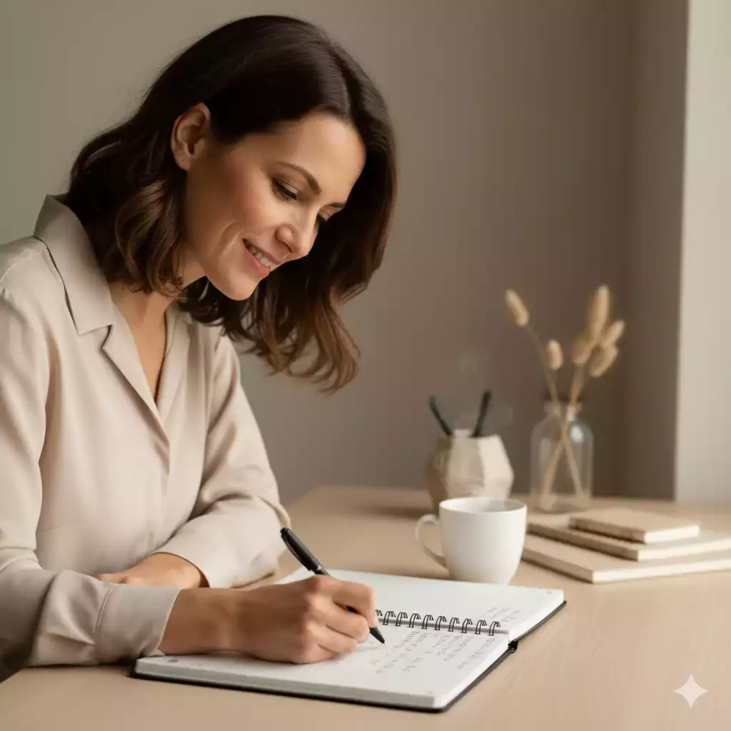 Mulher escrevendo com leveza no planner — processo de planejar
