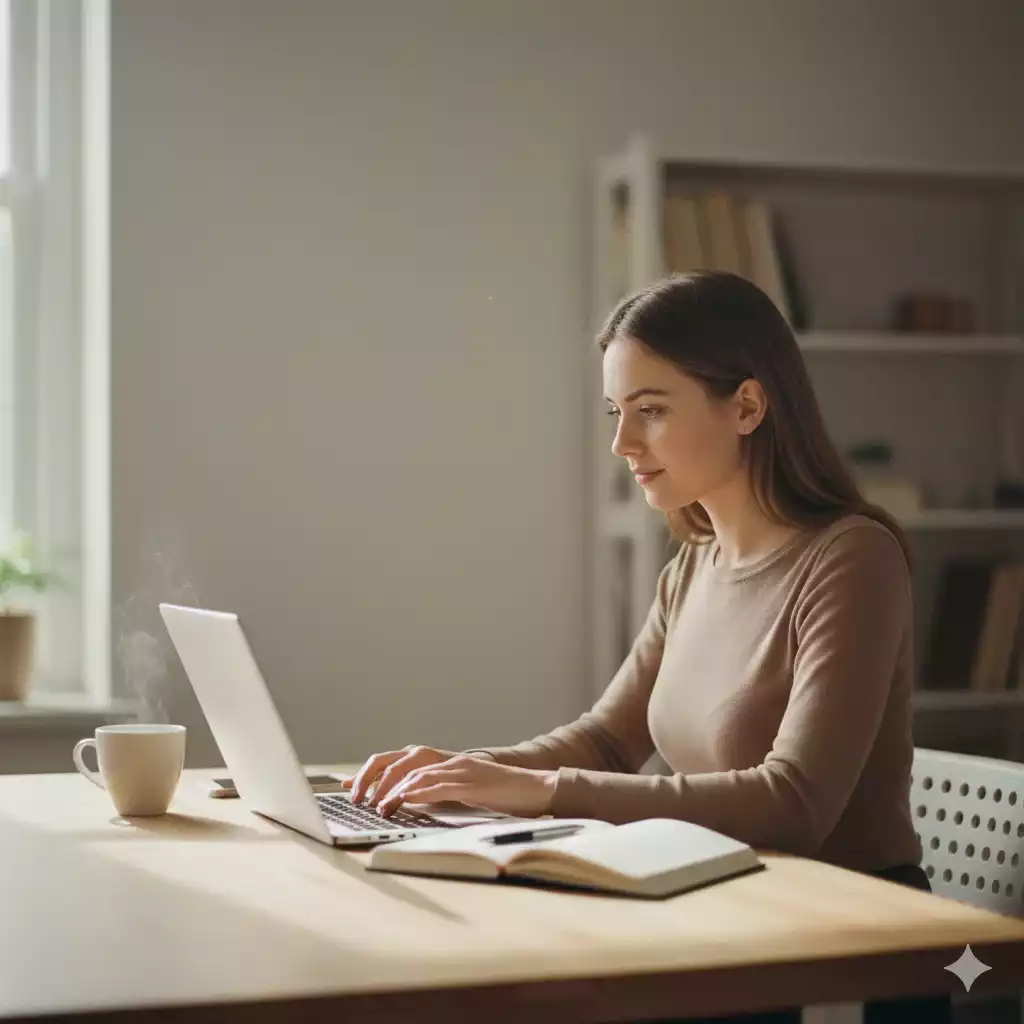 Mulher organizando sua rotina produtiva com espaço para aprendizado