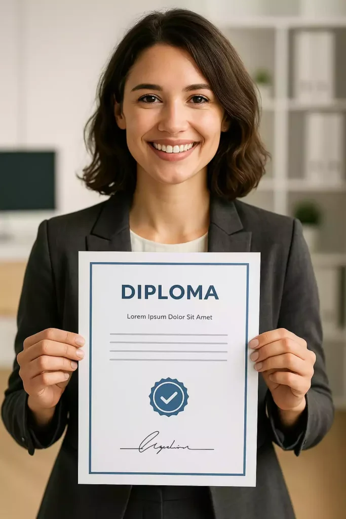 Pessoa com diploma ou certificado em mãos, simbolizando sucesso após planejar as áreas de estudo.
