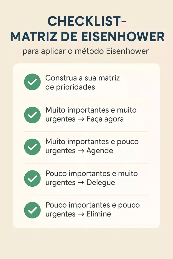 Checklist para aplicar o método Eisenhower com a Matriz de Eisenhower