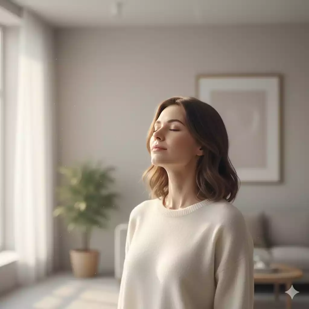 Mulher respirando fundo com expressão tranquila, simbolizando clareza mental
