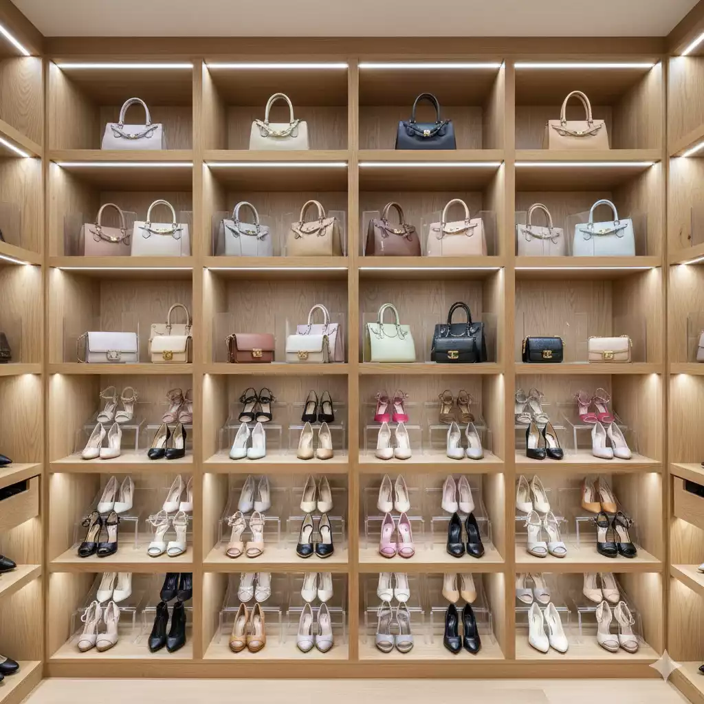 Closet modular com nichos para bolsas e sapatos femininos
