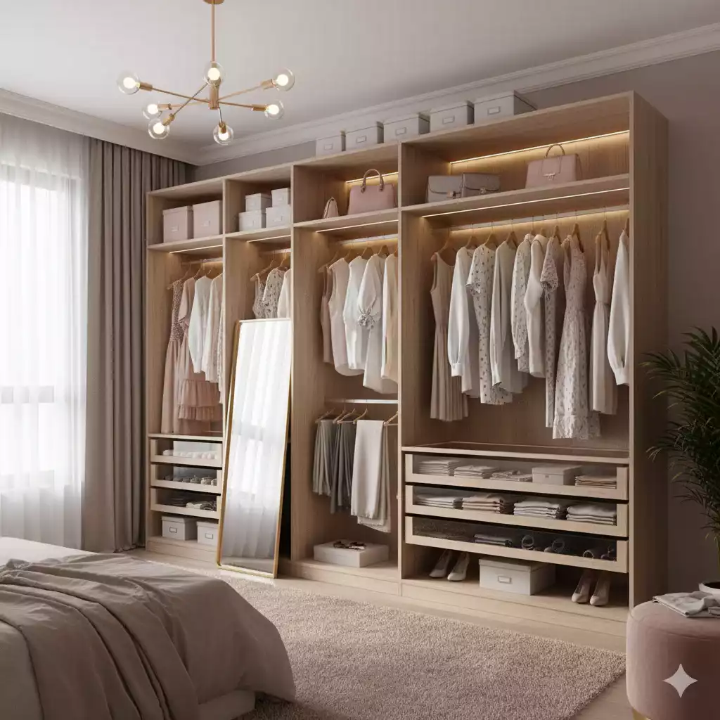 Closet modular com 5 módulos em quarto feminino decorado