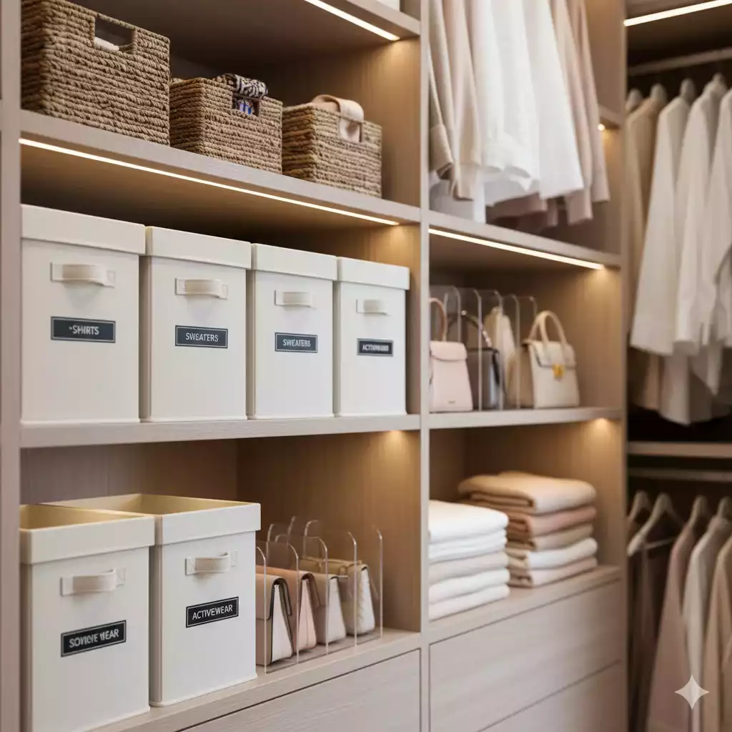 Caixas e divisórias para closet modular feminino organizado