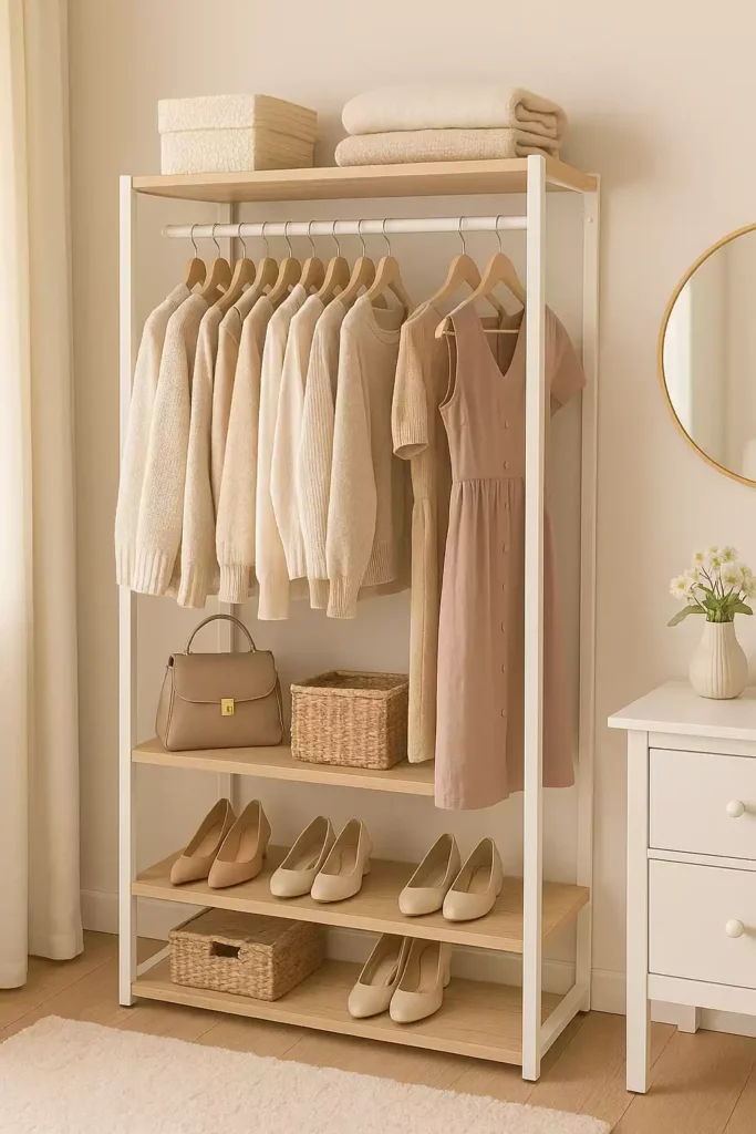 Closet modular compacto com prateleiras e cabideiro feminino