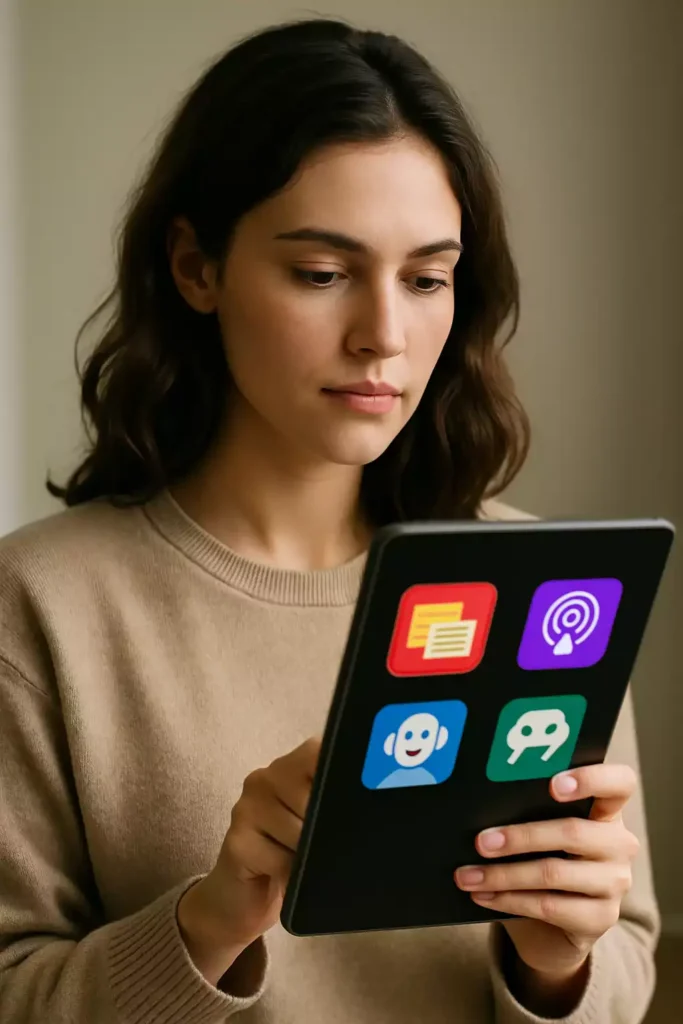 Mulher usando apps e IA nos estudos – como aprender mais rápido
