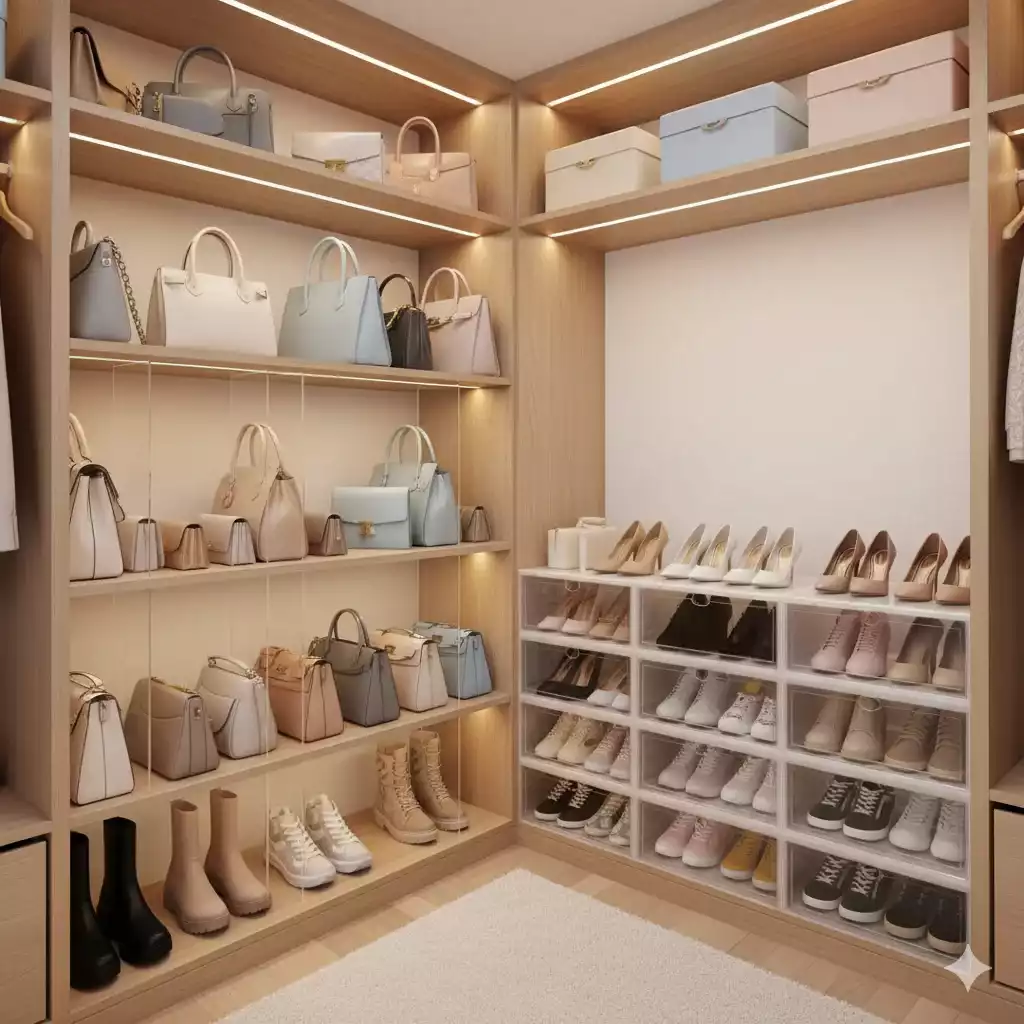 como organizar sapatos e bolsas no guarda roupa