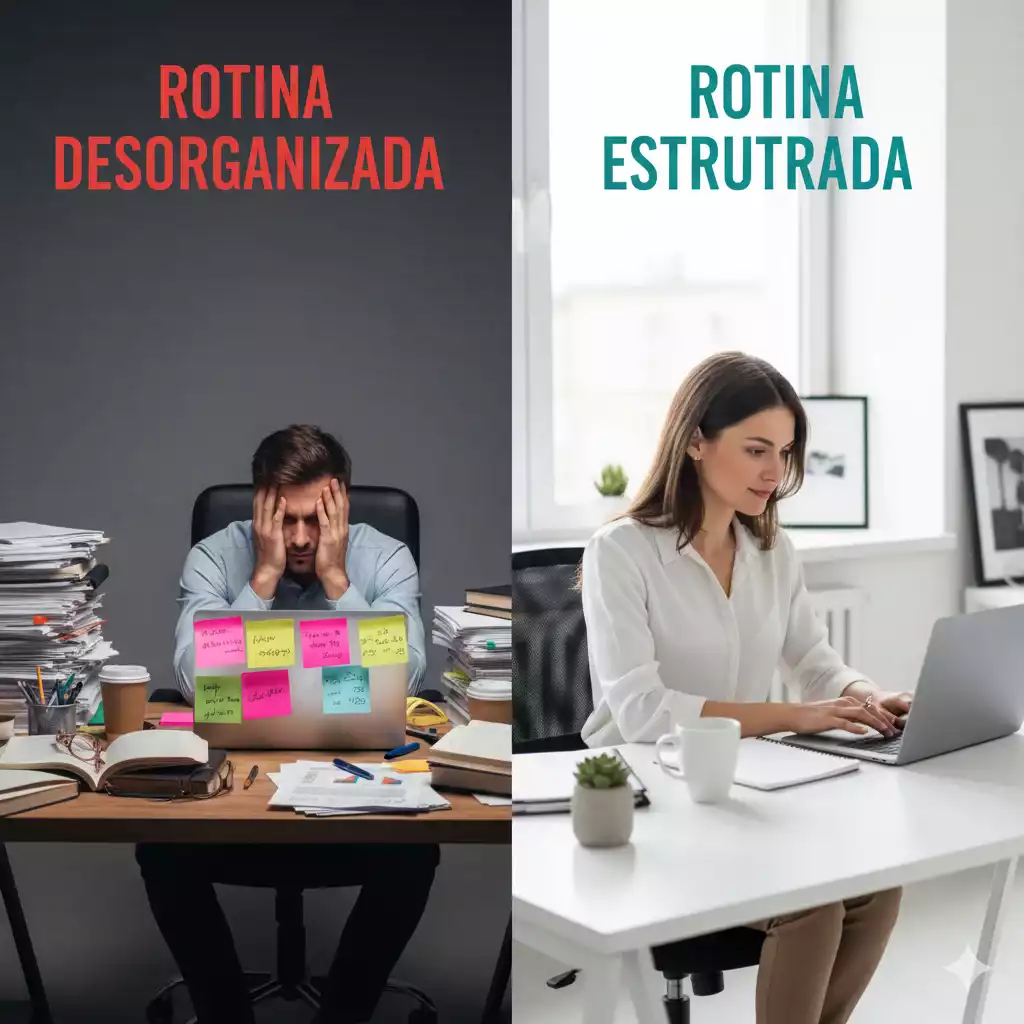 Comparação entre rotina profissional desorganizada e bem estruturada