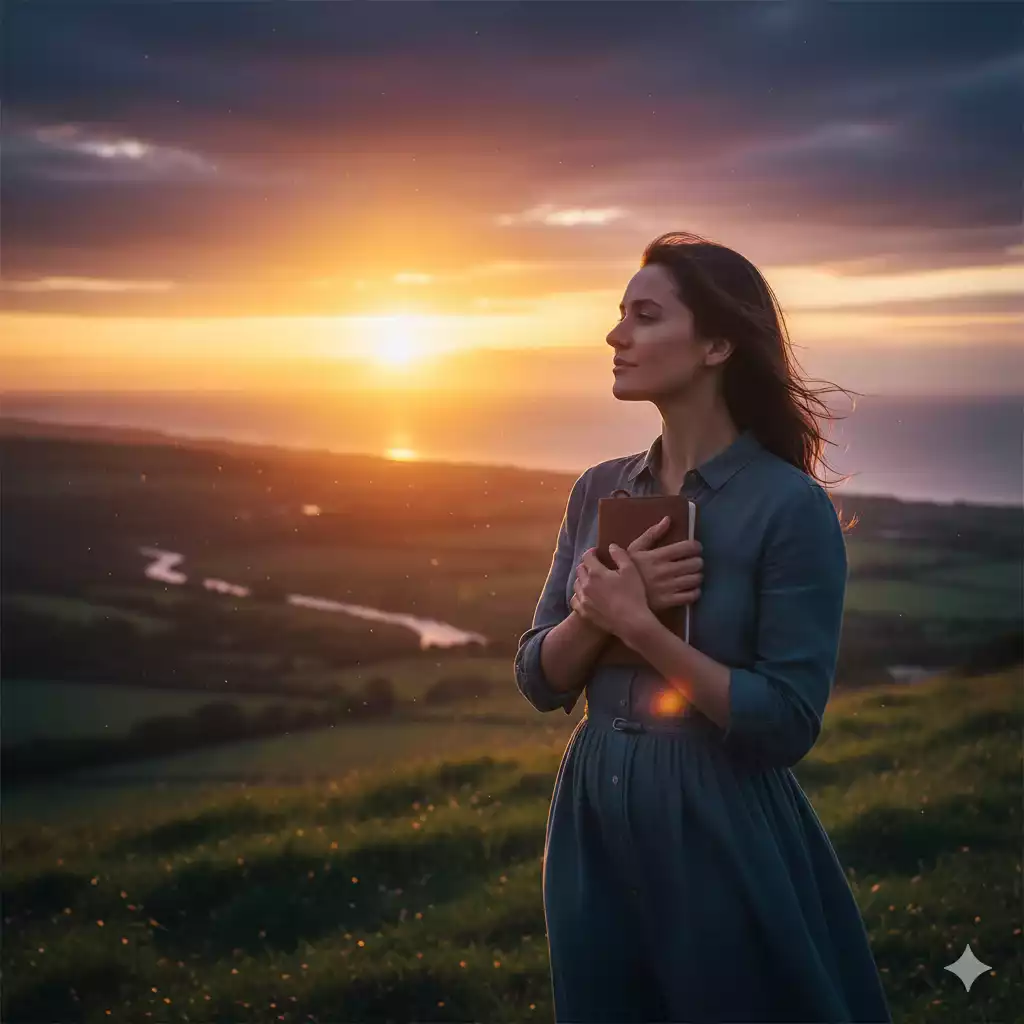 Mulher segurando caderno ao pôr do sol — planejar com propósito e presença