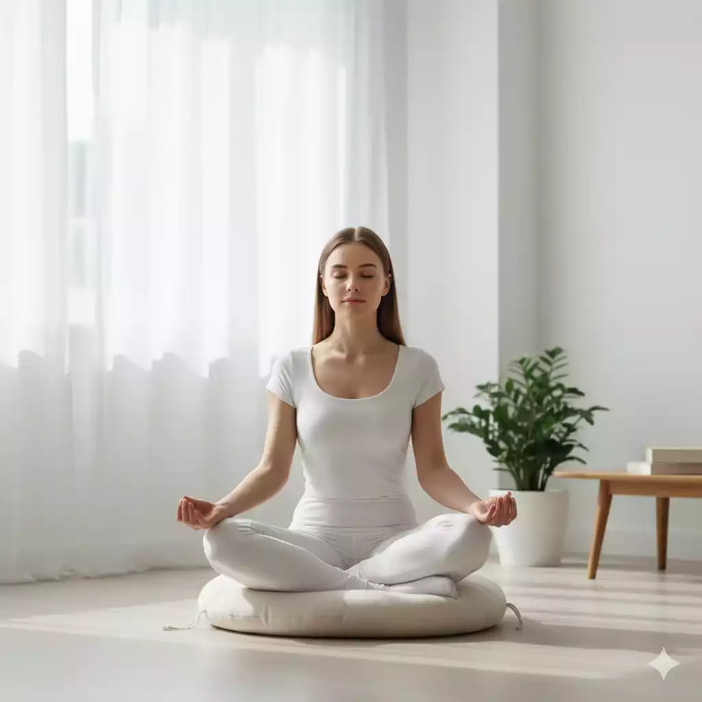Mulher em momento de atenção plena refletindo sobre o caminho certo