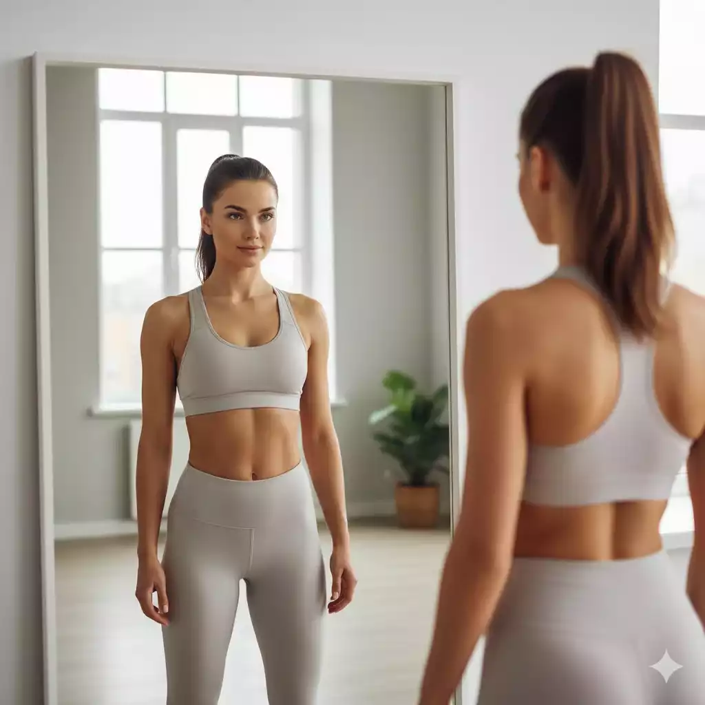 Mulher firme encarando o espelho e se reconectando com seu caminho certo