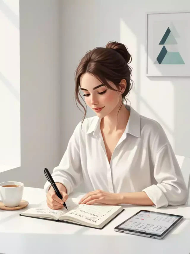 Mulher escrevendo metas no caderno com foco e objetivo
