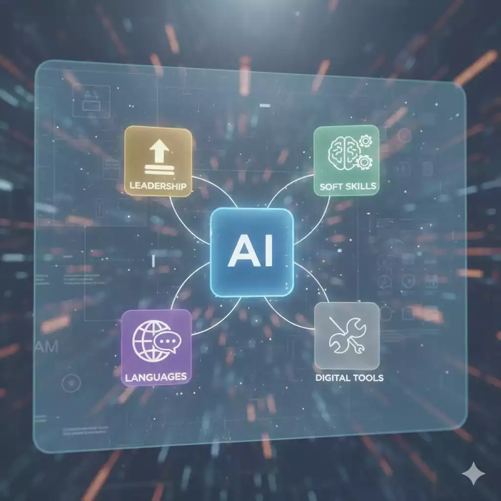 Ícones de cursos como inteligência artificial, liderança, idiomas e ferramentas digitais.