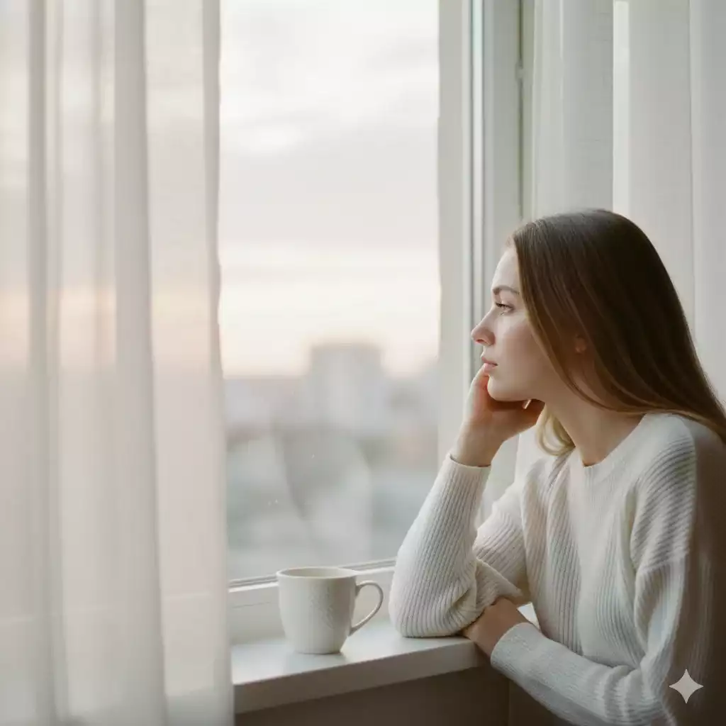 Mulher pensativa olhando pela janela refletindo sobre seu caminho