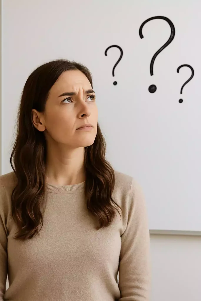 mulher em dúvida diante de escolhas e objetivos pessoais