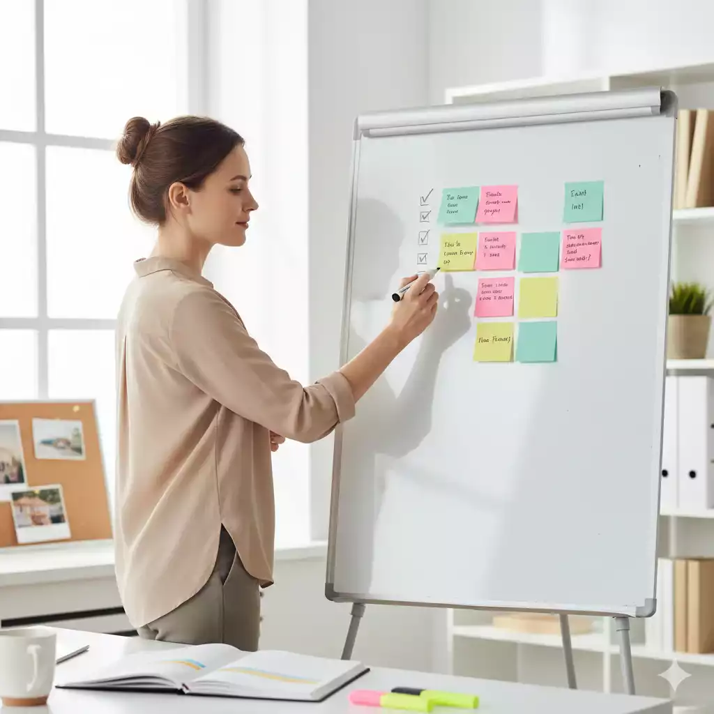 mulher ajustando anotações em um mural de planejamento de vida