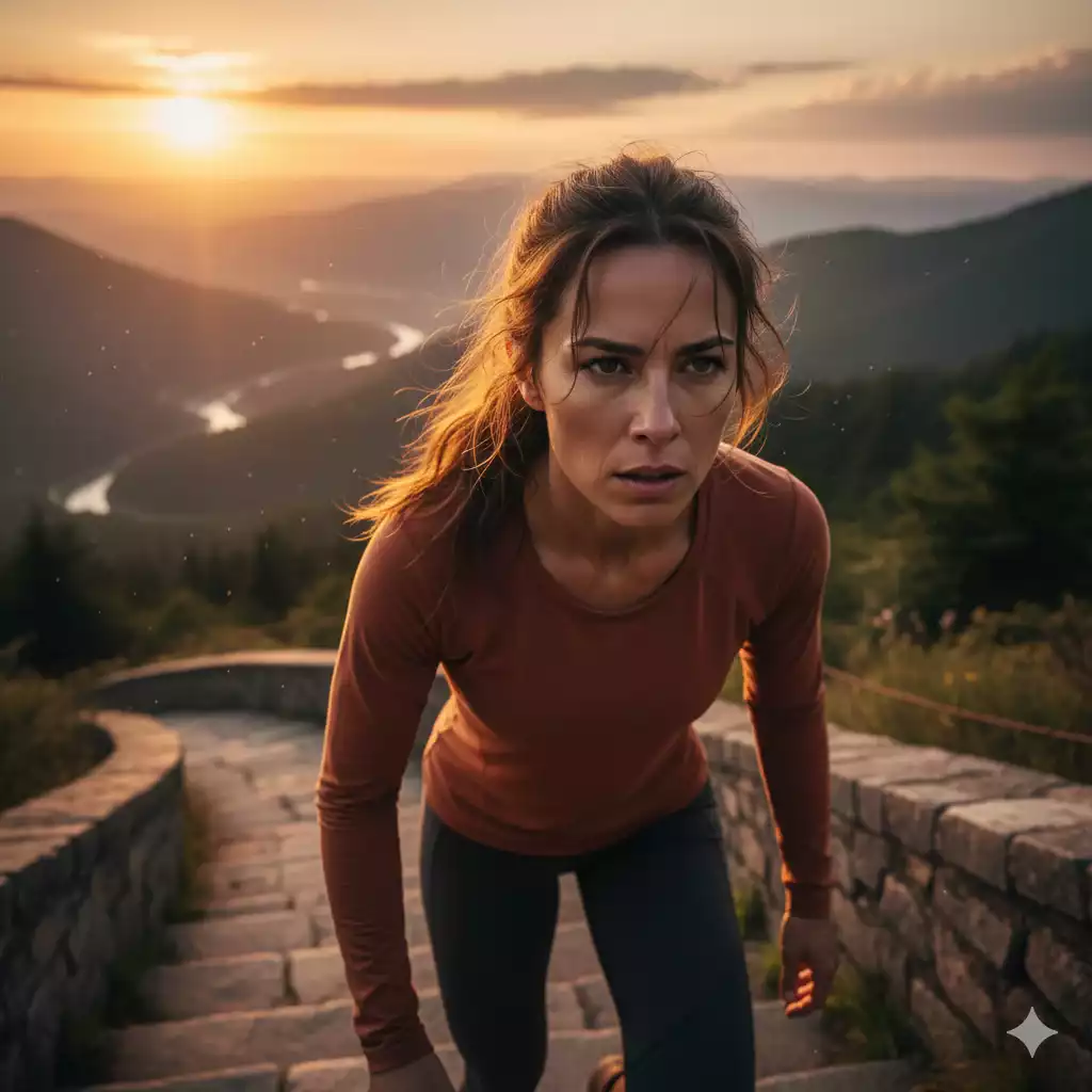 Mulher subindo escada representando crescimento por metas
