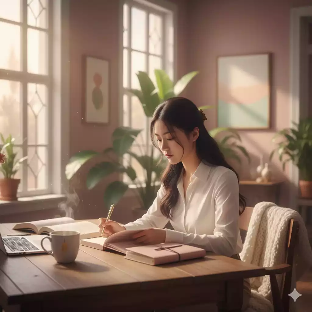 mulher concentrada estudando em ambiente iluminado