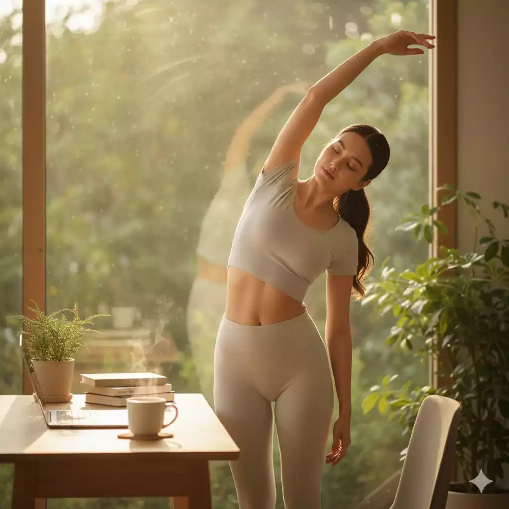 mulher se alongando antes de iniciar o estudo com foco