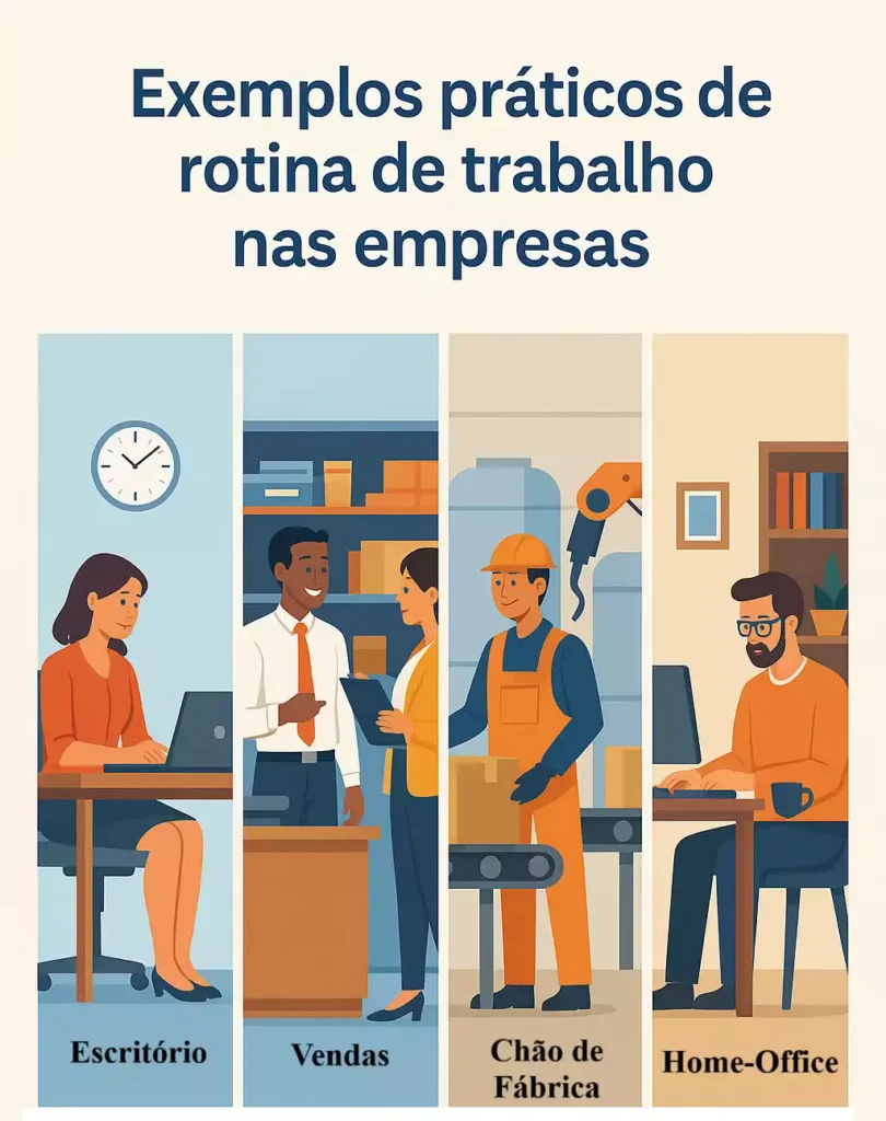 Exemplos visuais de rotina de trabalho em diferentes áreas profissionais