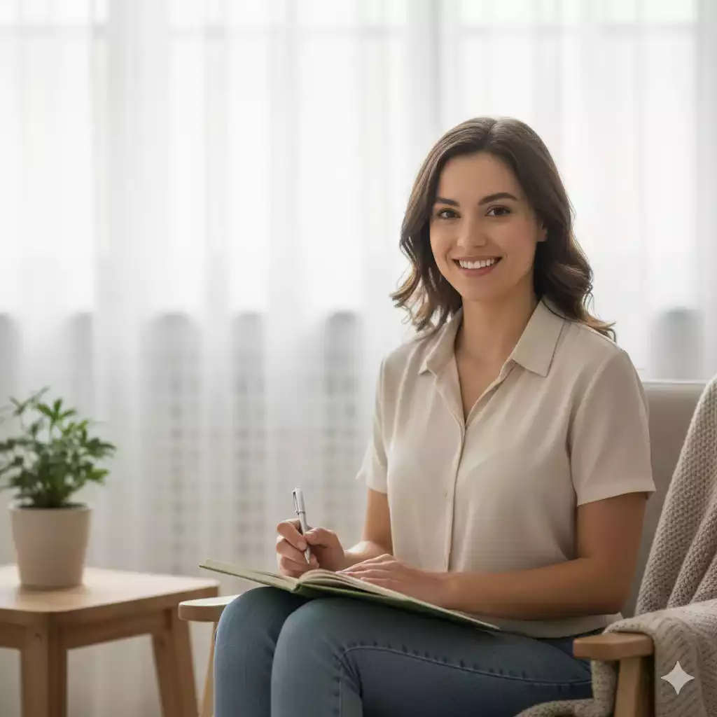 Jovem estudante sorridente tirando dúvidas sobre o melhor curso para fazer