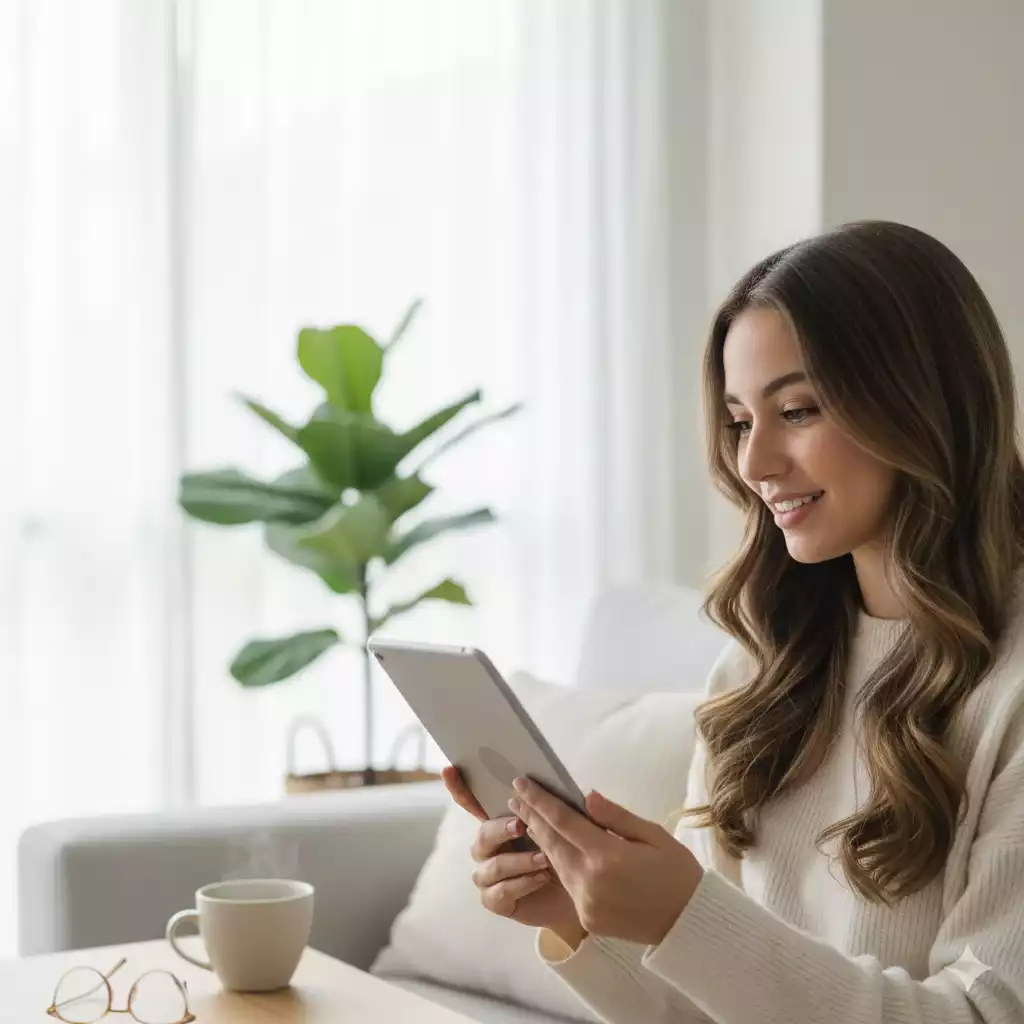 mulher sorrindo levemente enquanto lê perguntas sobre planejamento de vida