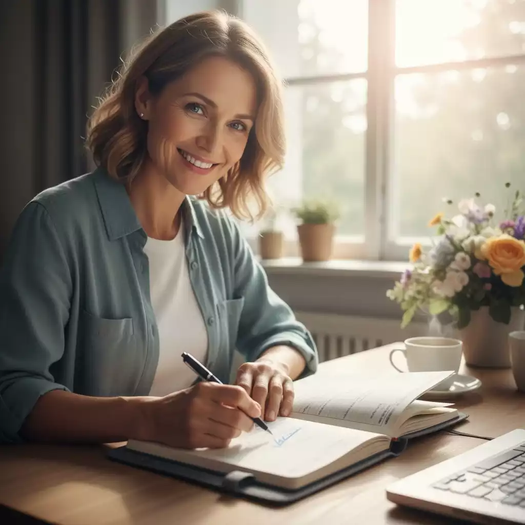 Pessoa feliz marcando metas concluídas em sua agenda